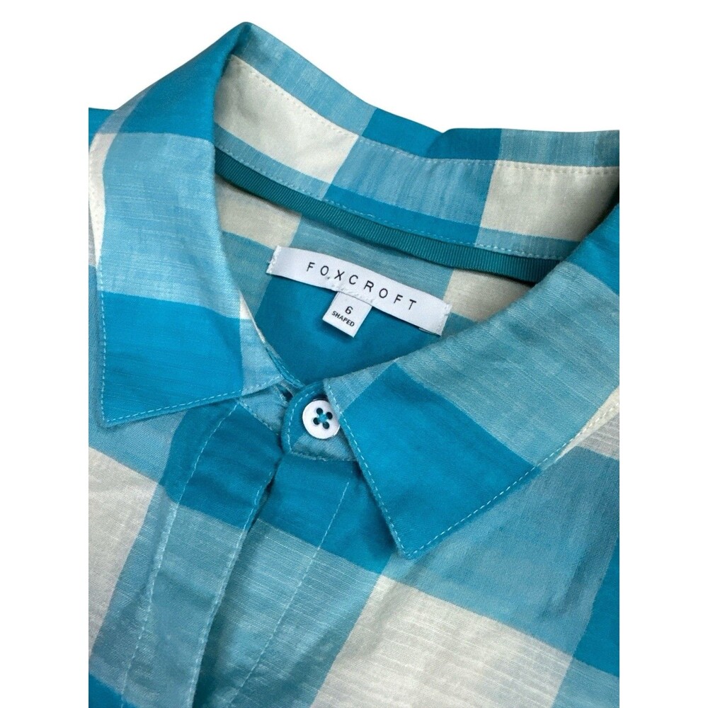 FoxCroft Blue & White Gingham Button Down Shirt‎ Roll Tab Sleeves Size 6 - Picture 3 of 10